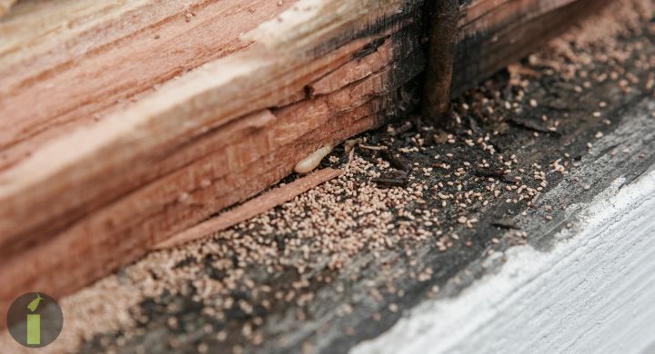 a damage wood with a small pieces of woods and termite