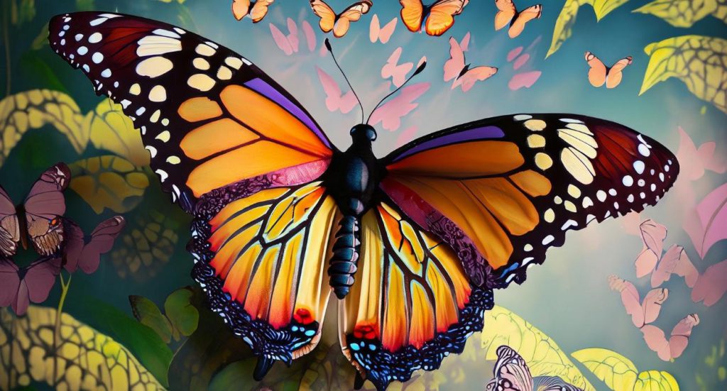 a butterfly with persony butterflies flying around